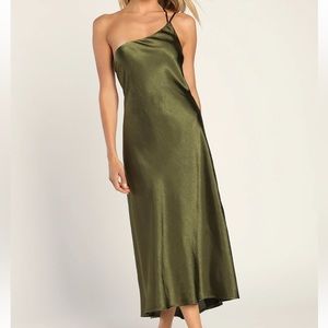 Lulu’s Olive Green Satin One-Shoulder Midi Dress